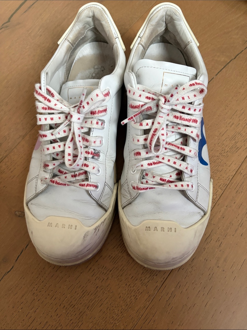 Marni White Leather Low-Top Sneakers with Pink & Blue Accents